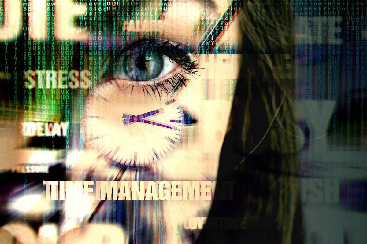 A picture from our viewpoint as we seemingly stare into the eye of a woman battling ADHD and the related, common symptoms or signs such as stress, inability to manage time effectively, memory, and more.