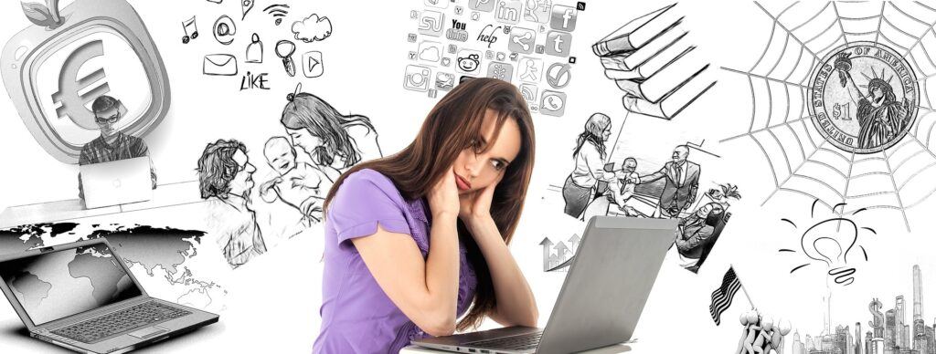A woman - potentially struggling with the symptoms of ADHD, staring at her laptop. Preoccupied or having lost focus on her task at hand, and instead thinking of family, work, school concerns, a conversation with colleagues, and more.